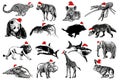 Big graphical set of animals in Santa Claus red hats , Christmas elements. Vector illustration Royalty Free Stock Photo