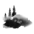 Big gray spot with fir trees, monochrome watercolor illustration