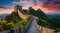 Big Great Wall of China at sunset,panoramic view. Generative AI Royalty Free Stock Photo