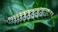 A big green caterpillar on leaf. Generative Ai Royalty Free Stock Photo