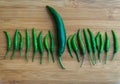 A big green chilli pepper in small Green chilli pepper on chopping block Royalty Free Stock Photo