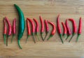 A big green chilli pepper in small Red chilli pepper on chopping block Royalty Free Stock Photo