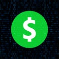 Big green dollar sign on black binary code background