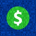 Big green dollar sign on blue binary code background