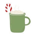 Big green retro cup with hot chocolate, marshmallow and candy cane, doodle style flat vector