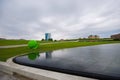 Big green snail near water