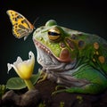 Big green toad frog and a beautiful butterfly on her nose, funny illustration with animals