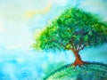 Big green tree color on earth planet watercolor painting blue sky Royalty Free Stock Photo