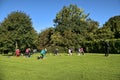 Big group of adult people attending yoga class, practicing social distancing and exercising yoga outside