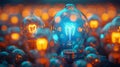 a big group of blue and white light bulbs with one of them lit up blue, in the style of render. Generative AI Royalty Free Stock Photo