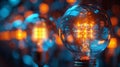 a big group of blue and white light bulbs with one of them lit up blue, in the style of render. Generative AI Royalty Free Stock Photo