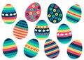 Big group of colorfull striped Easter eggs, set of decorative festive icons for greeting card, five colors only coloring Royalty Free Stock Photo