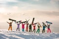 Big group of diverse skiers and snowboarders at ski resort Royalty Free Stock Photo