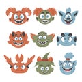 A big group of funny and entertaining monster faces. Cartoon style