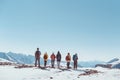 Big group hikers tourists friends mountain pass or top Royalty Free Stock Photo