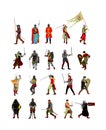 Big group of knights in armor, with sword, helmet and shield  illustration isolated on white background. Medieval fighter. Royalty Free Stock Photo