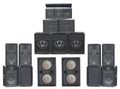 Big group of old industrial powerful stage sound speakers isolated over white