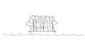 Big Group of People or Businessmen Standing Helplessly on Small Lifeboat. Vector Cartoon Stick Figure Illustration