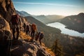 A team of climbers at the top of a high mountain in the light of the setting sun. Royalty Free Stock Photo