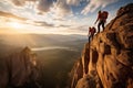 A team of climbers at the top of a high mountain in the light of the setting sun. Royalty Free Stock Photo