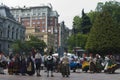 Big group of people with traditional asturian clothes, bigpipes and drums