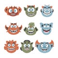 A big group of silly and funny monster faces. Cartoon style