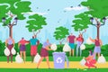 Big group volunteer male and female cleaning city park, people character together cleanup garden flat vector