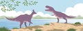 Big hadrosaurus vs tyrannosaurus rex of a prehistoric landscape