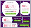 Big, half price and one day sale banners. Vector