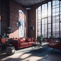 Big Hall Apartment living Room Industrial Architecture Style Large Windows With View Hight Ceiling And Hanging Lamps, Big Leather Royalty Free Stock Photo