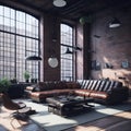 Big Hall Apartment living Room Industrial Architecture Style Large Windows With View Hight Ceiling And Hanging Lamps, Big Leather Royalty Free Stock Photo