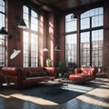 Big Hall Apartment living Room Industrial Architecture Style Large Windows With View Hight Ceiling And Hanging Lamps, Big Leather Royalty Free Stock Photo