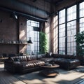 Big Hall Apartment living Room Industrial Architecture Style Large Windows With View Hight Ceiling And Hanging Lamps, Big Leather Royalty Free Stock Photo