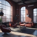 Big Hall Apartment living Room Industrial Architecture Style Large Windows With View Hight Ceiling And Hanging Lamps, Big Leather Royalty Free Stock Photo