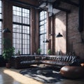 Big Hall Apartment living Room Industrial Architecture Style Large Windows With View Hight Ceiling And Hanging Lamps, Big Leather Royalty Free Stock Photo