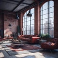 Big Hall Apartment living Room Industrial Architecture Style Large Windows With View Hight Ceiling And Hanging Lamps, Big Leather Royalty Free Stock Photo