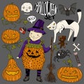 Big halloween colorful set with little girl witch, cat, scary faces pumpkins, heart, spider, candy, bones, skull, broom, teddy bea