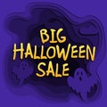 Big halloween sale 3d abstract paper cut illlustration of cemetery, and ghosts.