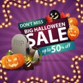 Big Halloween sale, square discount purple banner with halloween balloons, garland, tombstone and pumpkin Jack.