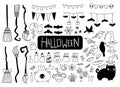 Big halloween set of spooky elements on white background. Drawn by hand doodle halloween elements. Witchcraft, ghost, broom, bat, Royalty Free Stock Photo