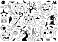 Big halloween set of spooky elements on white background. Drawn by hand doodle halloween elements. Witchcraft, ghost, broom, bat, Royalty Free Stock Photo