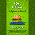 Big hamburger with cheese, sauce, two burgers, lettuce, lying on big blue plate. Vector work for flyers, menus, packaging. Royalty Free Stock Photo