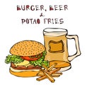 Big Hamburger or Cheeseburger, Beer Mug or Pint and Fried Potato. Burger Lettering. Isolated On a White Background. Realistic Dood Royalty Free Stock Photo