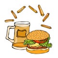 Big Hamburger or Cheeseburger, Beer Mug or Pint and Fried Potato. Burger Logo. Isolated On a White Background. Realistic Doodle Ca Royalty Free Stock Photo