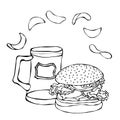 Big Hamburger or Cheeseburger, Beer Mug or Pint and Potato Chips. Burger Logo. Isolated On a White Background. Realistic Royalty Free Stock Photo