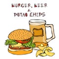 Big Hamburger or Cheeseburger, Beer Mug or Pint and Potato Chips. Burger Logo. Isolated On a White Background. Realistic Doodle Ca Royalty Free Stock Photo