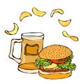 Big Hamburger or Cheeseburger, Beer Mug or Pint and Potato Chips. Burger Logo. Isolated On a White Background. Realistic Doodle Ca Royalty Free Stock Photo