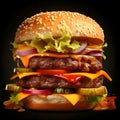 Big hamburger, cheeseburger, chicken burger, burger with lettuce, cheese, bacon, pickle, tomato, sauce, onion. Very close-up photo