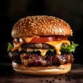 Big hamburger, cheeseburger, chicken burger, burger with lettuce, cheese, bacon, pickle, tomato, sauce, onion. Very close-up photo