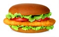Big hamburger with chicken cutlet on white background